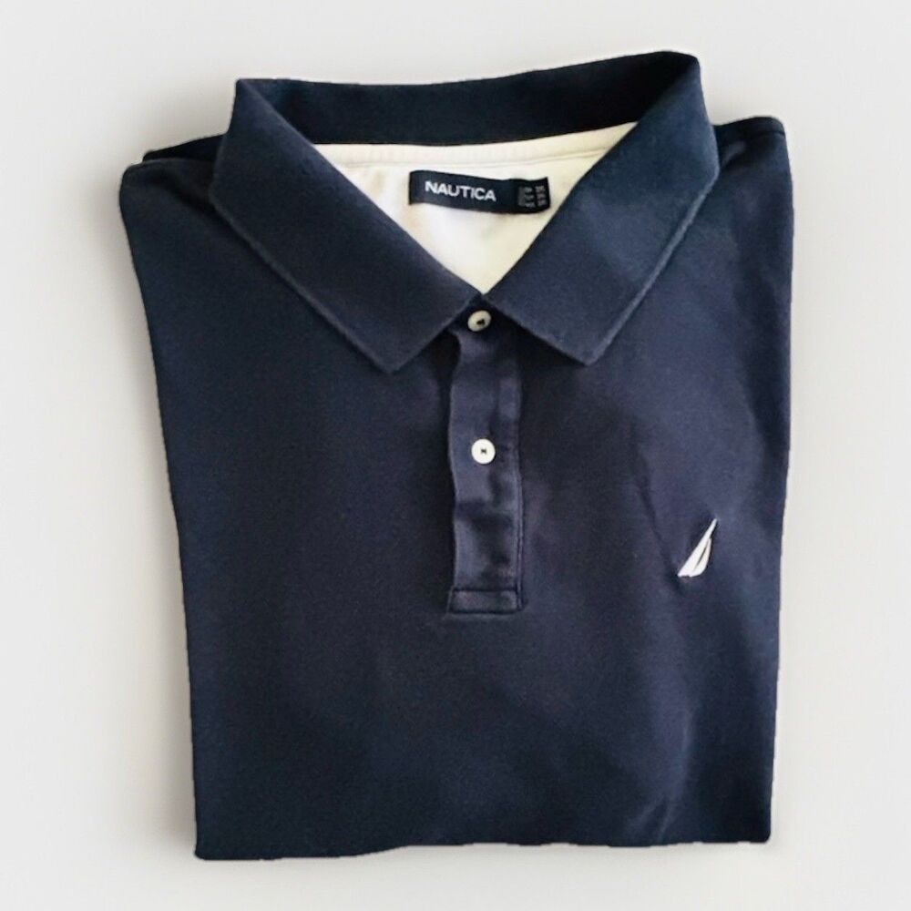 Nautica Golf Polo Shirt Men’s 2XL Navy Blue Cotton Short Sleeve Spell Out Logo